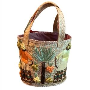 Vintage Caribbean floral straw handbag